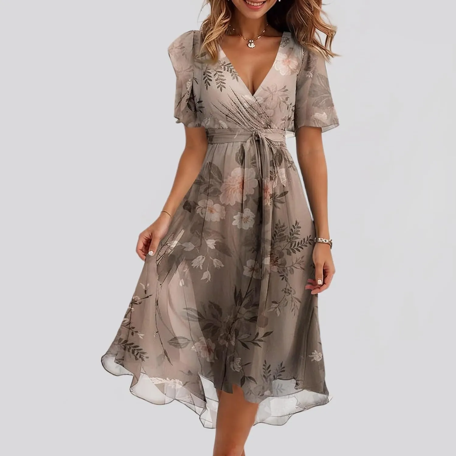 Summer Floral Dresses for Women 2025 Midi Chiffon Dresses Wedding Guest Dress V Neck Short Sleeve Tie Waist Ruffled Hem