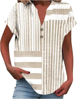 Summer Linen Shirts for Women V Neck Button Down Shirt Casual Loose Fit Tops Floral Print Short Sleeve Blouses 2025