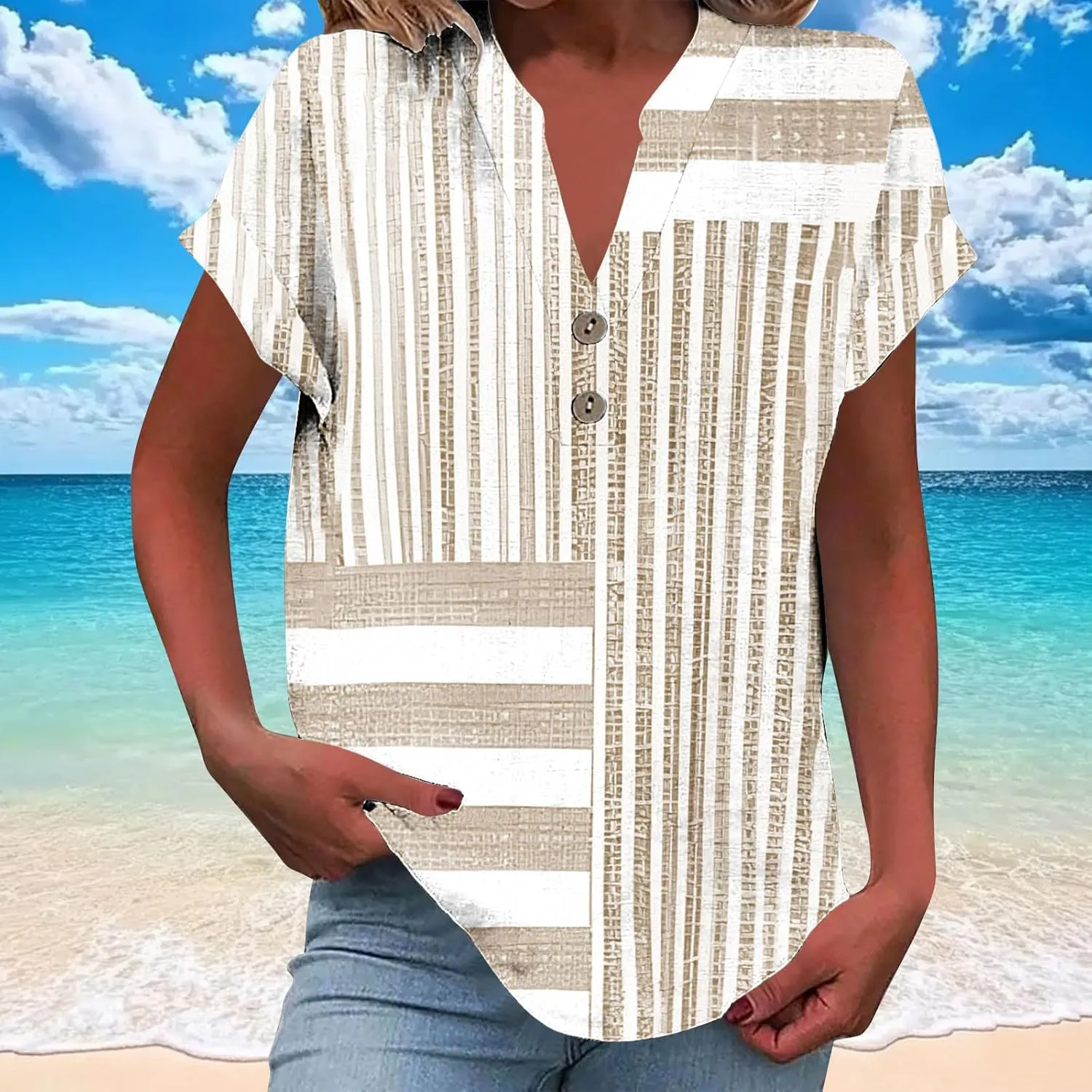 Summer Linen Shirts for Women V Neck Button Down Shirt Casual Loose Fit Tops Floral Print Short Sleeve Blouses 2025