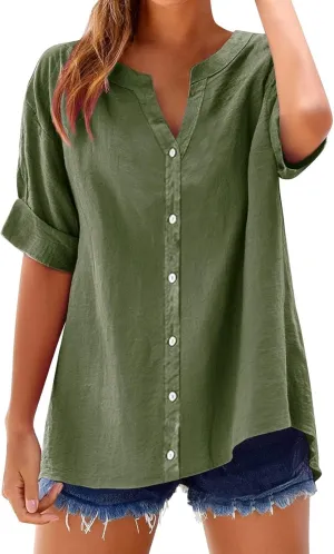 Summer Linen Tops for Women Trendy Button Down Shirts Sexy V Neck T Shirts Dressy Casual Boho Top Short Sleeve Blouse