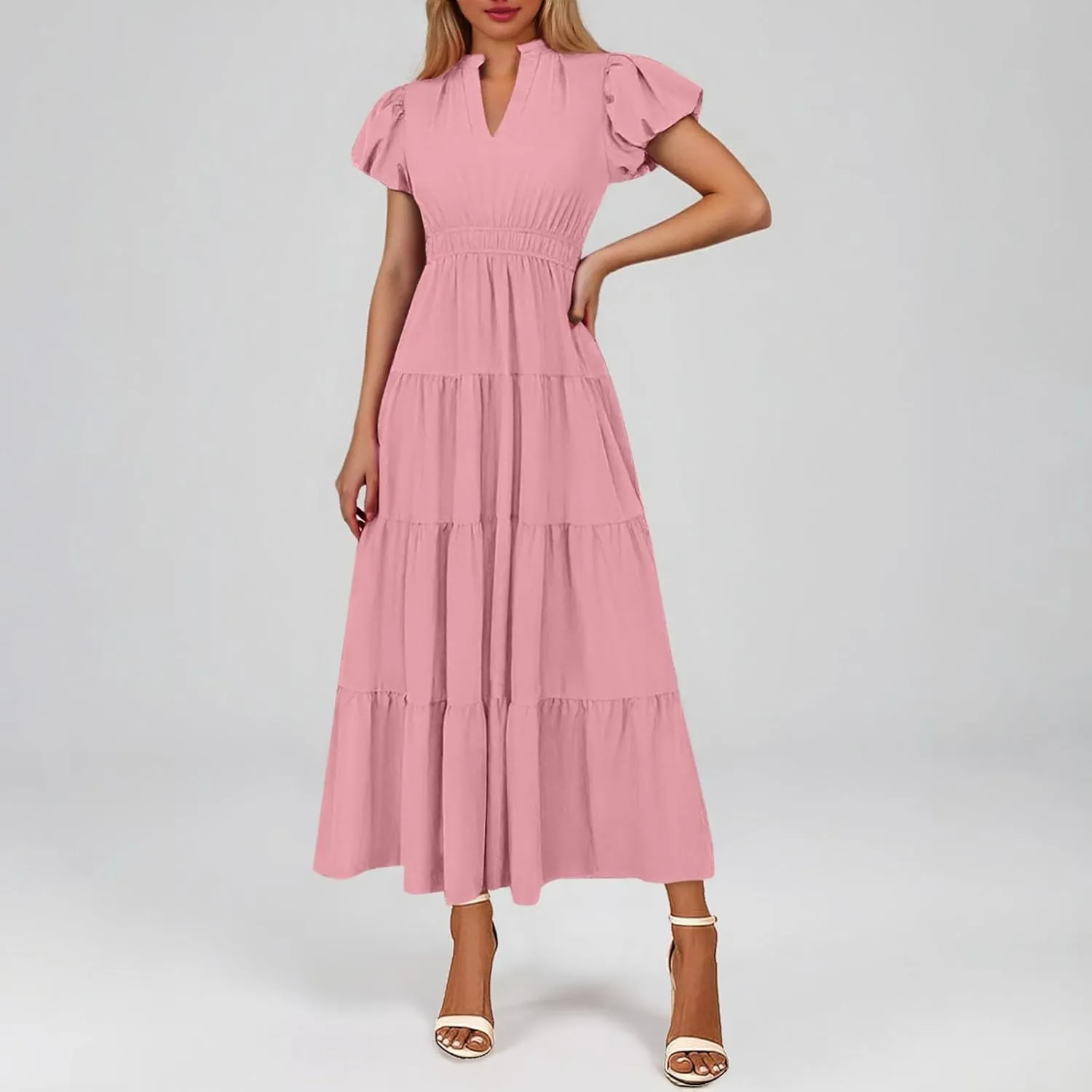 Summer Long Dresses for Women Flowy V Neck Puff Short Sleeve Tiered Ruffle Hem Wedding Guest Shirt Dress Womens Church Outfit