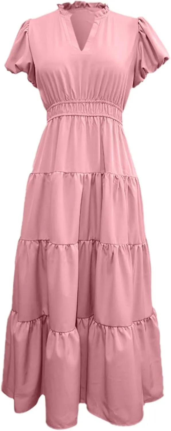 Summer Long Dresses for Women Flowy V Neck Puff Short Sleeve Tiered Ruffle Hem Wedding Guest Shirt Dress Womens Church Outfit