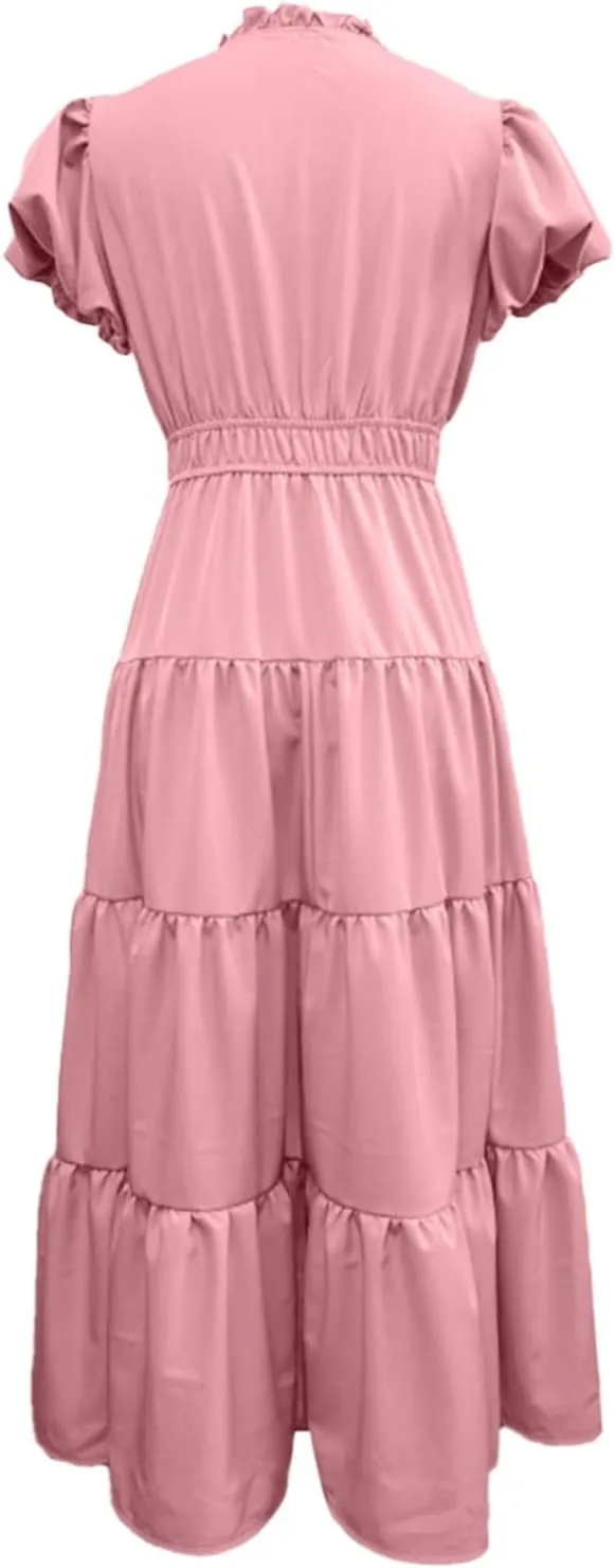 Summer Long Dresses for Women Flowy V Neck Puff Short Sleeve Tiered Ruffle Hem Wedding Guest Shirt Dress Womens Church Outfit