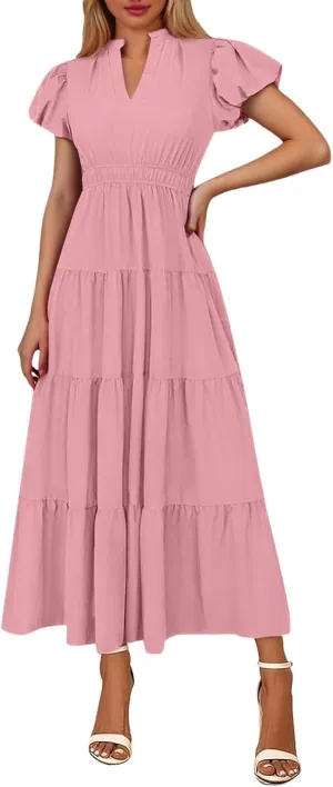 Summer Long Dresses for Women Flowy V Neck Puff Short Sleeve Tiered Ruffle Hem Wedding Guest Shirt Dress Womens Church Outfit