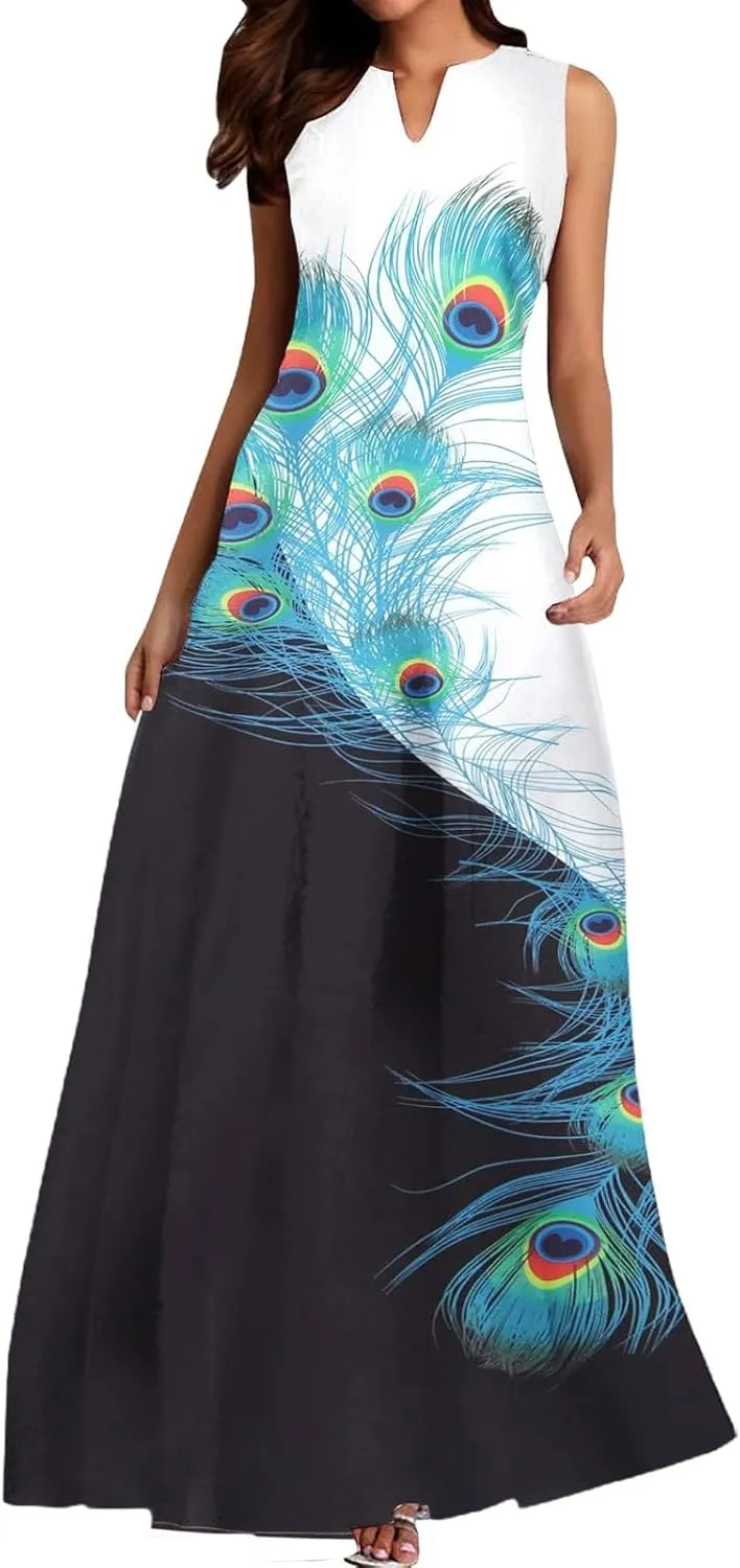 Summer Maxi Dress for Women 2025 Casual V Neck Floral Print Sundress Sleeveless Vacation Beach Flowy Dresses