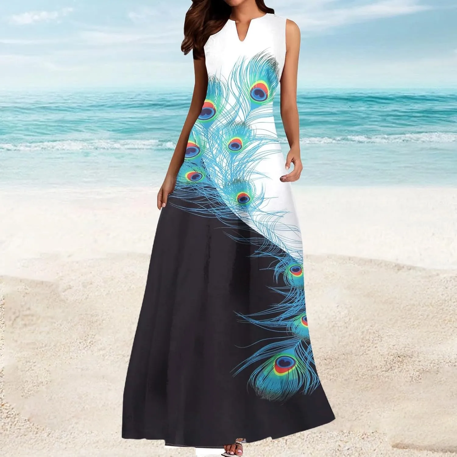 Summer Maxi Dress for Women 2025 Casual V Neck Floral Print Sundress Sleeveless Vacation Beach Flowy Dresses