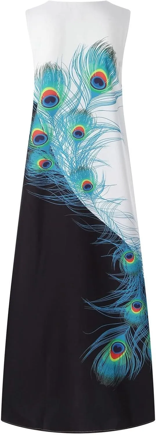 Summer Maxi Dress for Women 2025 Casual V Neck Floral Print Sundress Sleeveless Vacation Beach Flowy Dresses