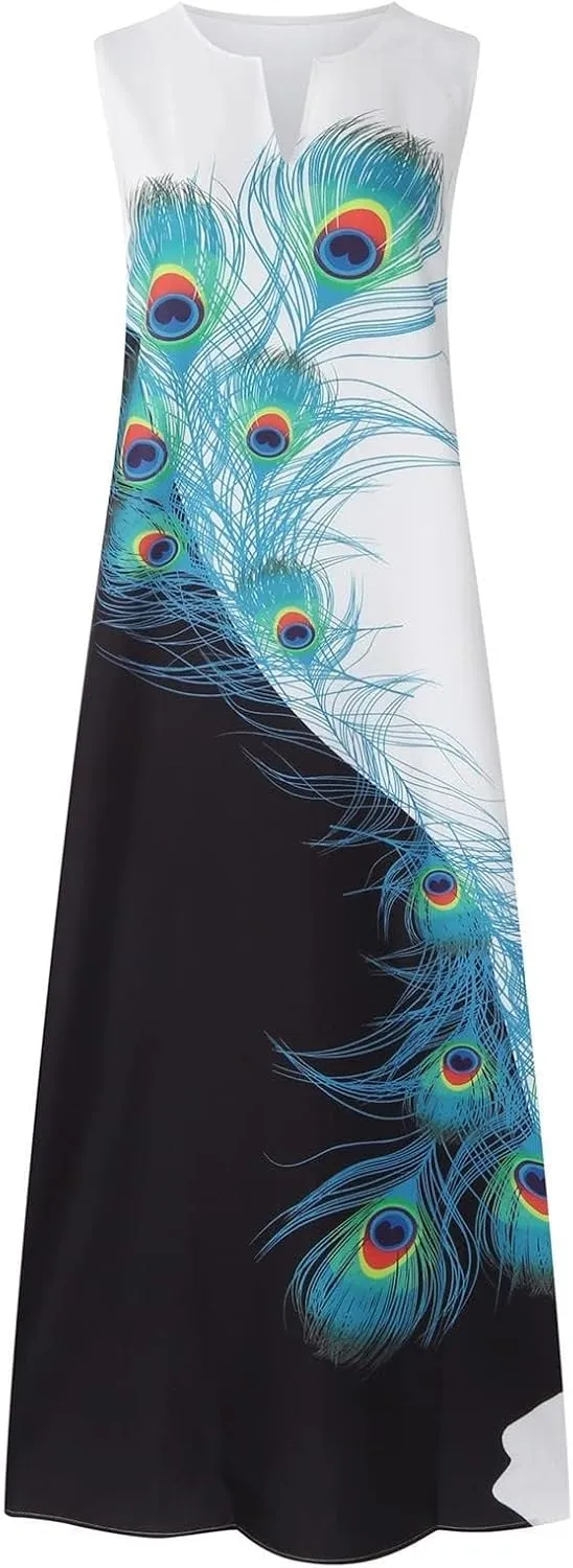 Summer Maxi Dress for Women 2025 Casual V Neck Floral Print Sundress Sleeveless Vacation Beach Flowy Dresses