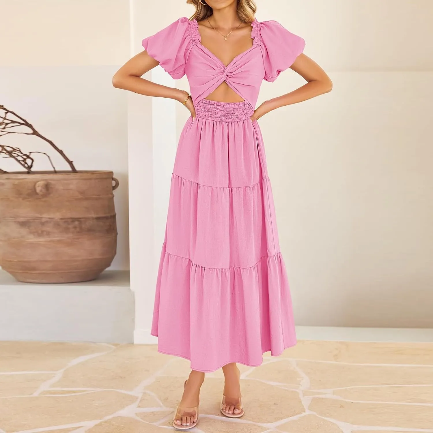 Summer Maxi Smocked Dresses for Women 2025 Vacation Short Puff Sleeve V Neck Cut Out Knot Long Flowy Tiered A Line Dress