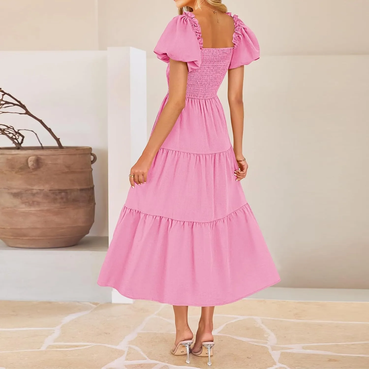 Summer Maxi Smocked Dresses for Women 2025 Vacation Short Puff Sleeve V Neck Cut Out Knot Long Flowy Tiered A Line Dress