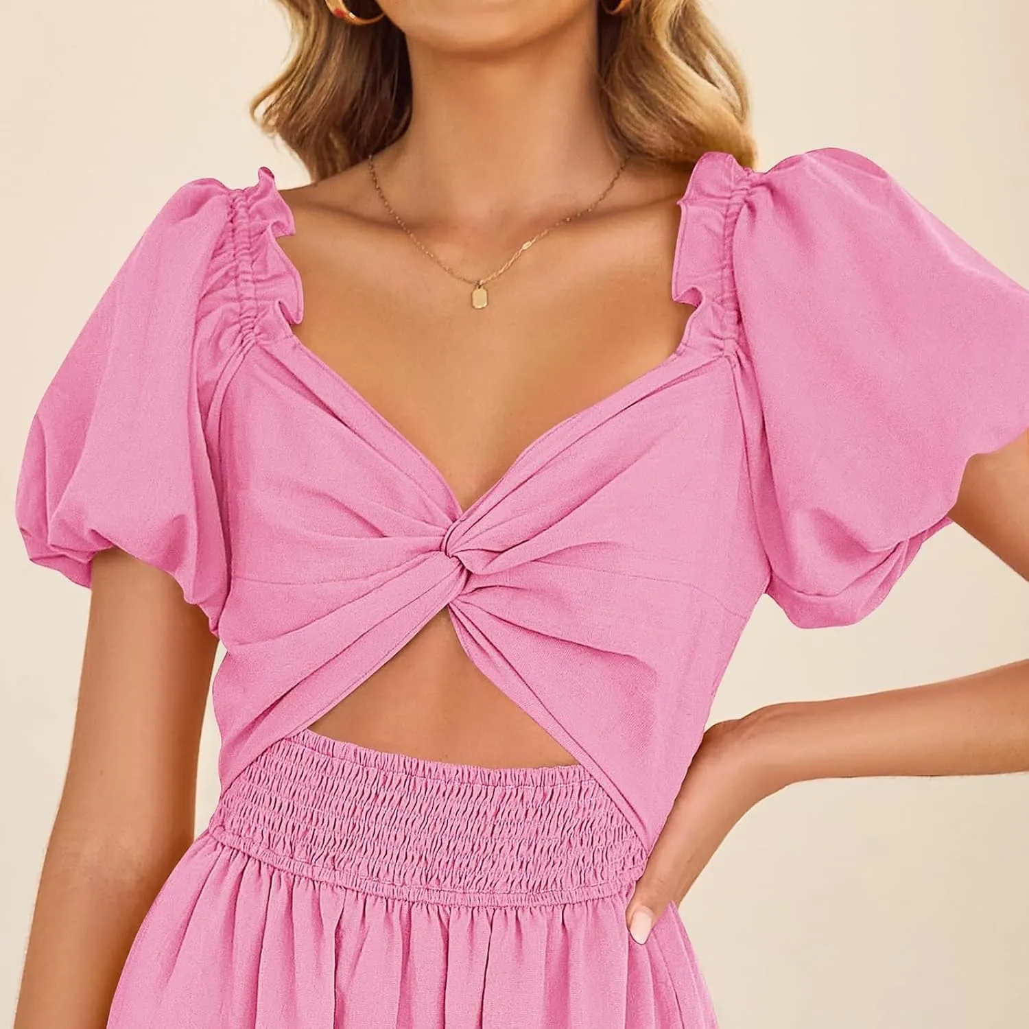 Summer Maxi Smocked Dresses for Women 2025 Vacation Short Puff Sleeve V Neck Cut Out Knot Long Flowy Tiered A Line Dress