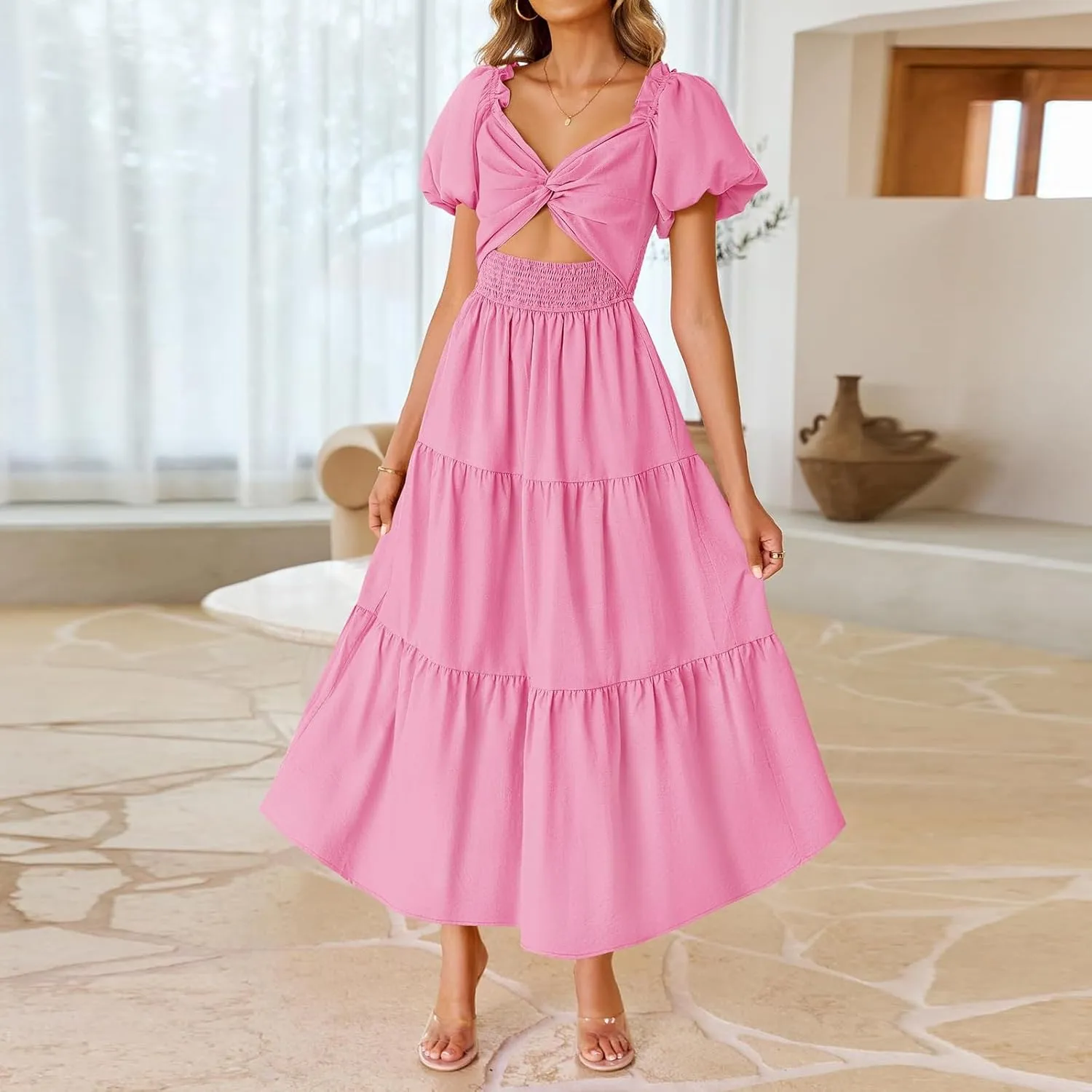 Summer Maxi Smocked Dresses for Women 2025 Vacation Short Puff Sleeve V Neck Cut Out Knot Long Flowy Tiered A Line Dress