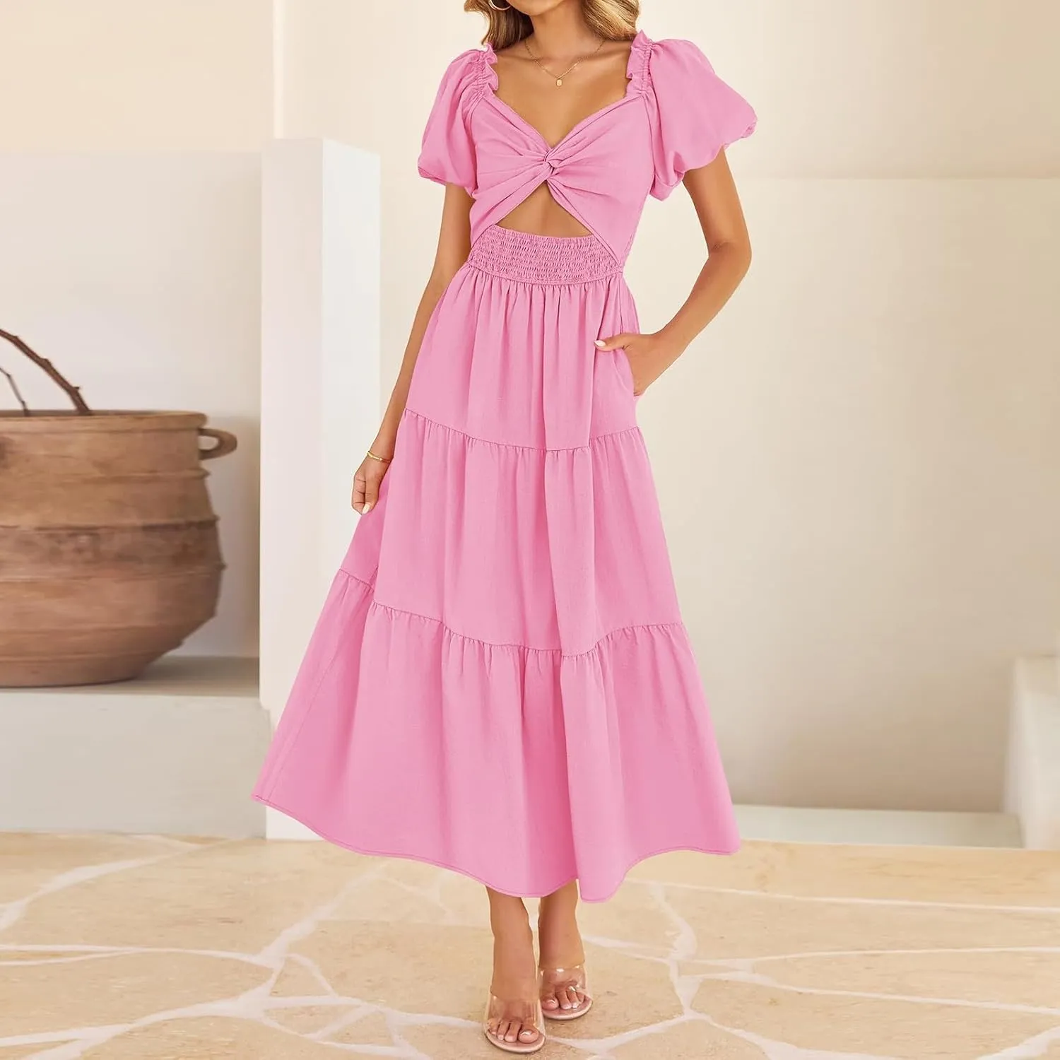 Summer Maxi Smocked Dresses for Women 2025 Vacation Short Puff Sleeve V Neck Cut Out Knot Long Flowy Tiered A Line Dress