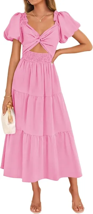 Summer Maxi Smocked Dresses for Women 2025 Vacation Short Puff Sleeve V Neck Cut Out Knot Long Flowy Tiered A Line Dress