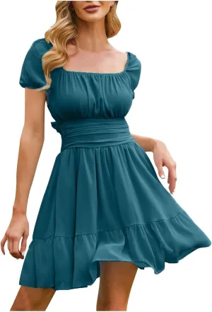 Summer Puff Sleeve Dress for Women 2025 Ruffle Hem Casual Short Mini Dresses Tie Back Square Neck A-Line Sundress