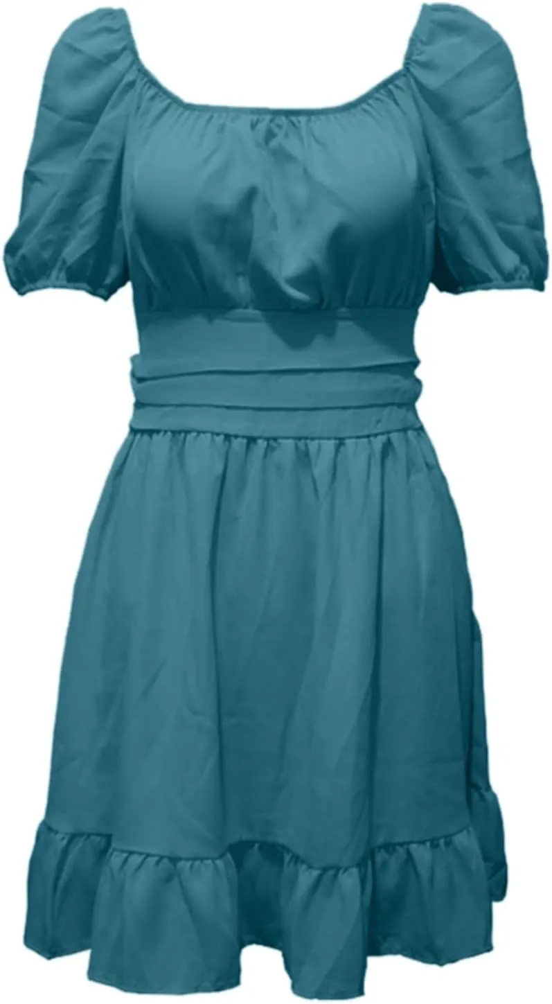 Summer Puff Sleeve Dress for Women 2025 Ruffle Hem Casual Short Mini Dresses Tie Back Square Neck A-Line Sundress