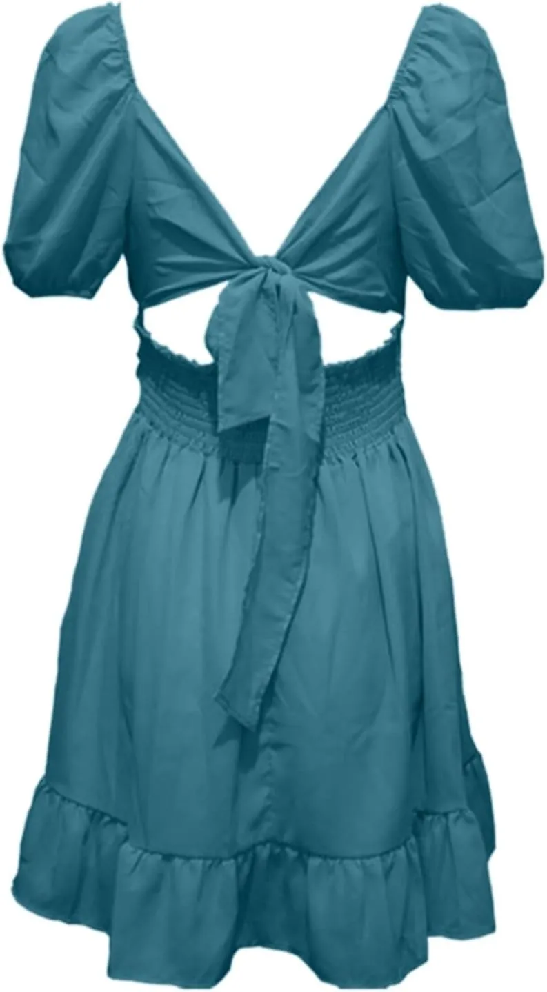Summer Puff Sleeve Dress for Women 2025 Ruffle Hem Casual Short Mini Dresses Tie Back Square Neck A-Line Sundress