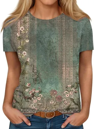 Summer Tops for Women 2025 Fashion Spring Short Sleeve Shirts Floral Print Crew Neck Plus Size Blouses Trendy Tshirts