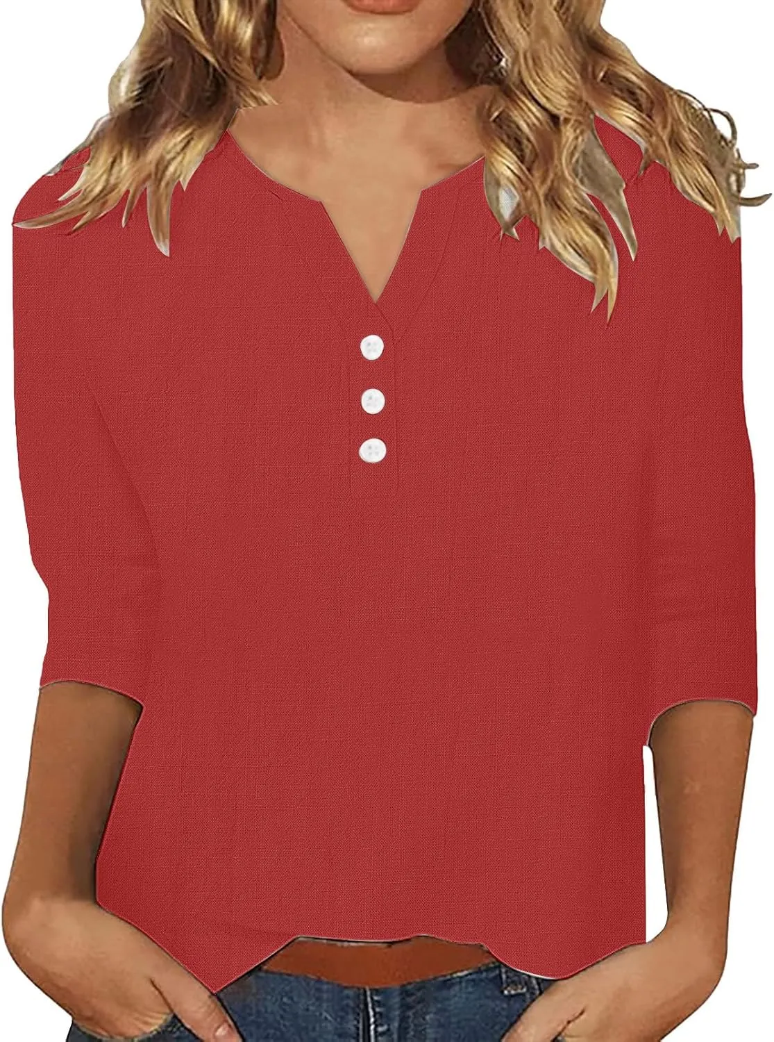 Summer Tops for Women 2025 Trendy Vacation 3/4 Sleeve Henley Shirts Cotton Linen Button V Neck T Shirt Casual Tees
