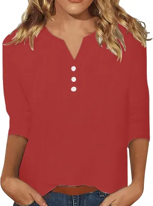Summer Tops for Women 2025 Trendy Vacation 3/4 Sleeve Henley Shirts Cotton Linen Button V Neck T Shirt Casual Tees