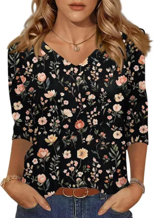 Summer Tops For Women 3/4 Sleeves V Neck Short Sleeve Plus Size Button-Down Shirts Dressy Casual Tunic Workout Blouse