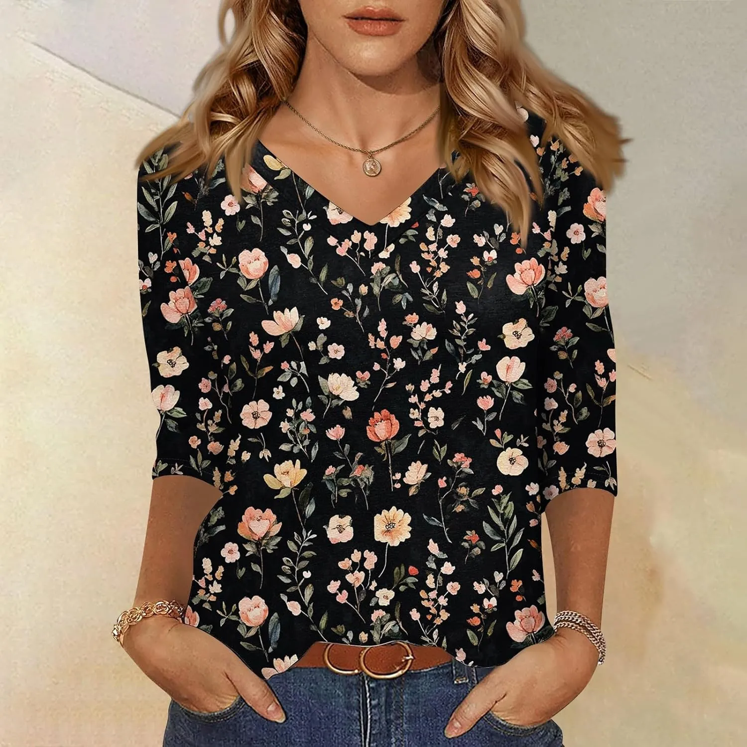 Summer Tops For Women 3/4 Sleeves V Neck Short Sleeve Plus Size Button-Down Shirts Dressy Casual Tunic Workout Blouse