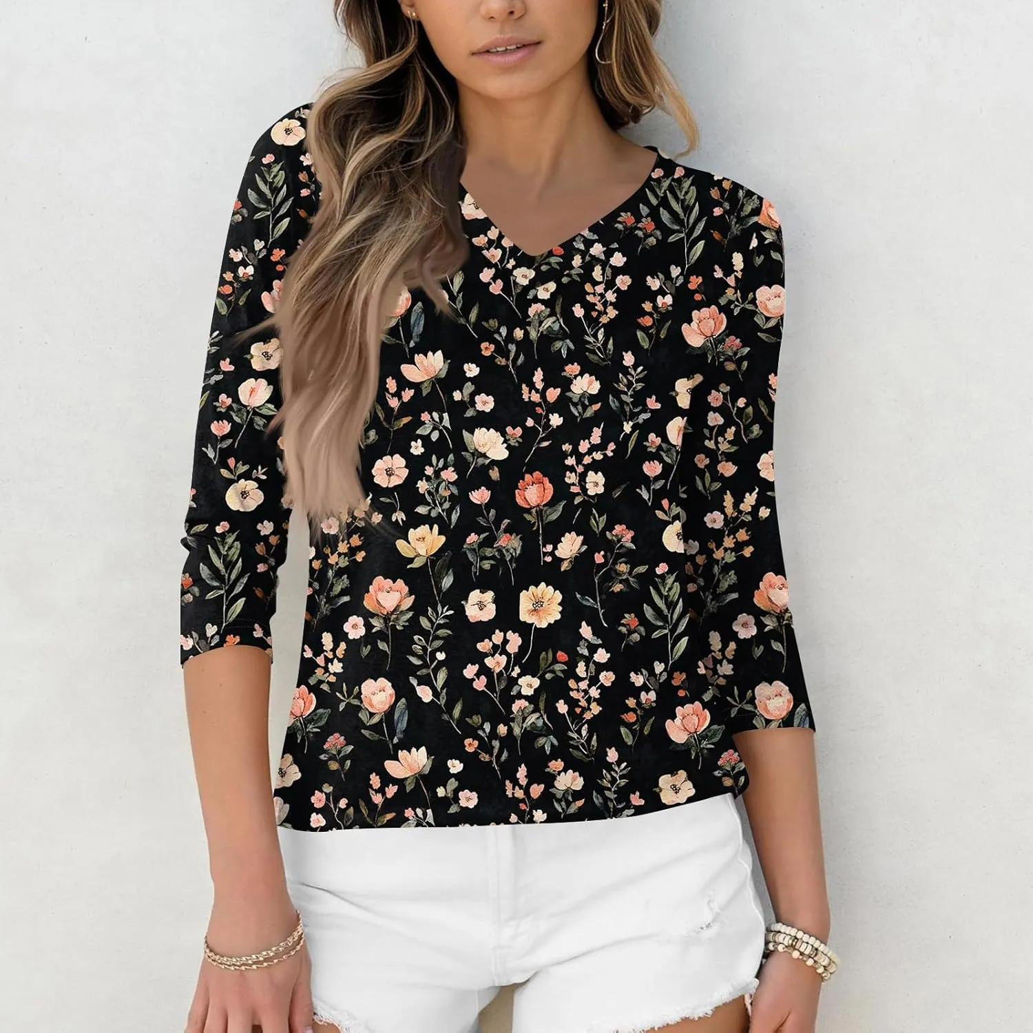 Summer Tops For Women 3/4 Sleeves V Neck Short Sleeve Plus Size Button-Down Shirts Dressy Casual Tunic Workout Blouse