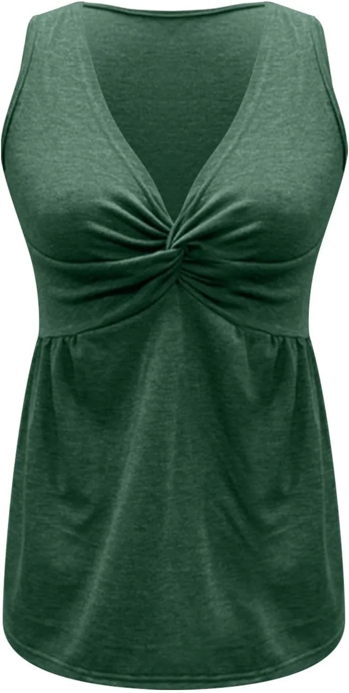 Summer Tops for Women Sleeveless Twist Front V Neck Shirts Casual Flowy Elegant Peplum Tank Tops