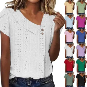 Summer Tops for Women Trendy Eyelet Shirts Short Sleeve Asymmetric V Neck Blouses Casual Loose Boho Tunic Tees 2025
