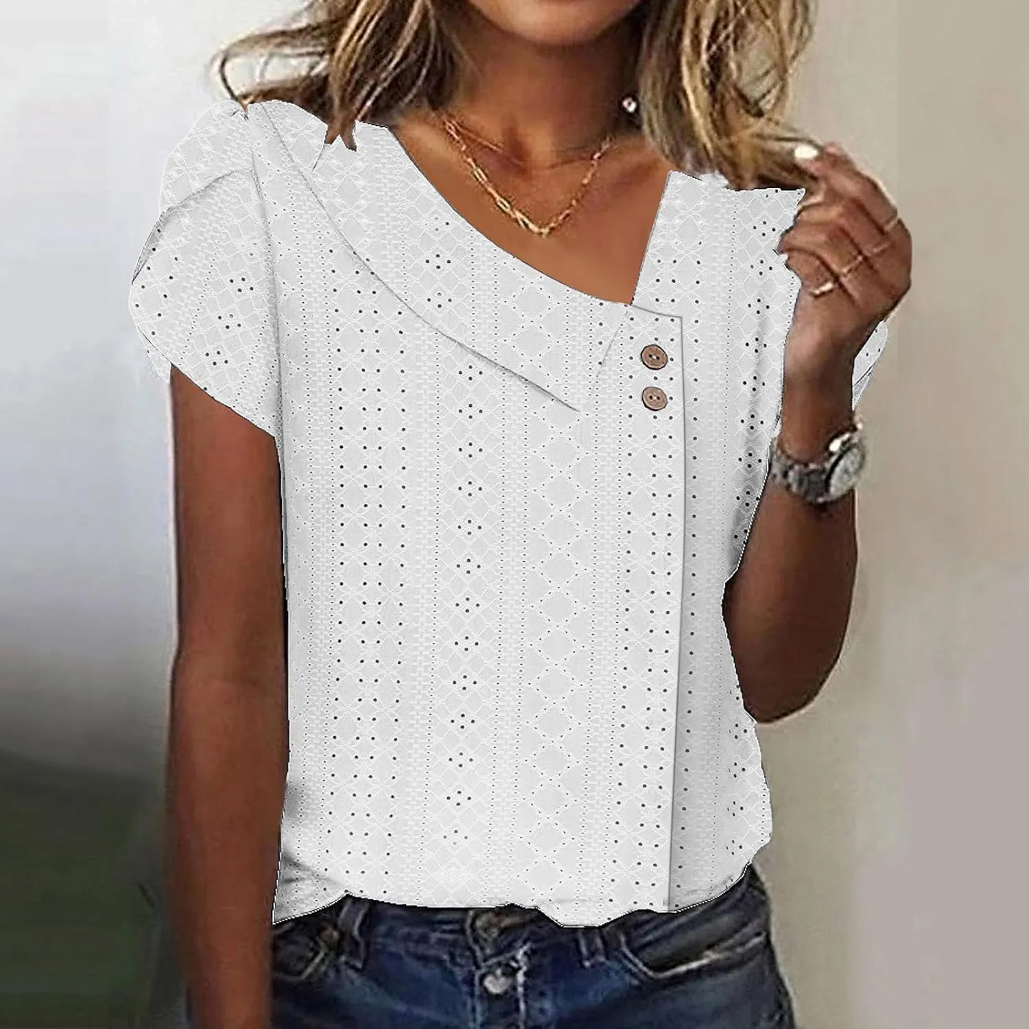 Summer Tops for Women Trendy Eyelet Shirts Short Sleeve Asymmetric V Neck Blouses Casual Loose Boho Tunic Tees 2025