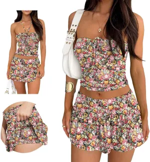 Summer Two Piece Outfits for Women Y2K Going Out Tie Ruched Tube Crop Tops Low Rise Pleated Mini Skort Skirt Sets