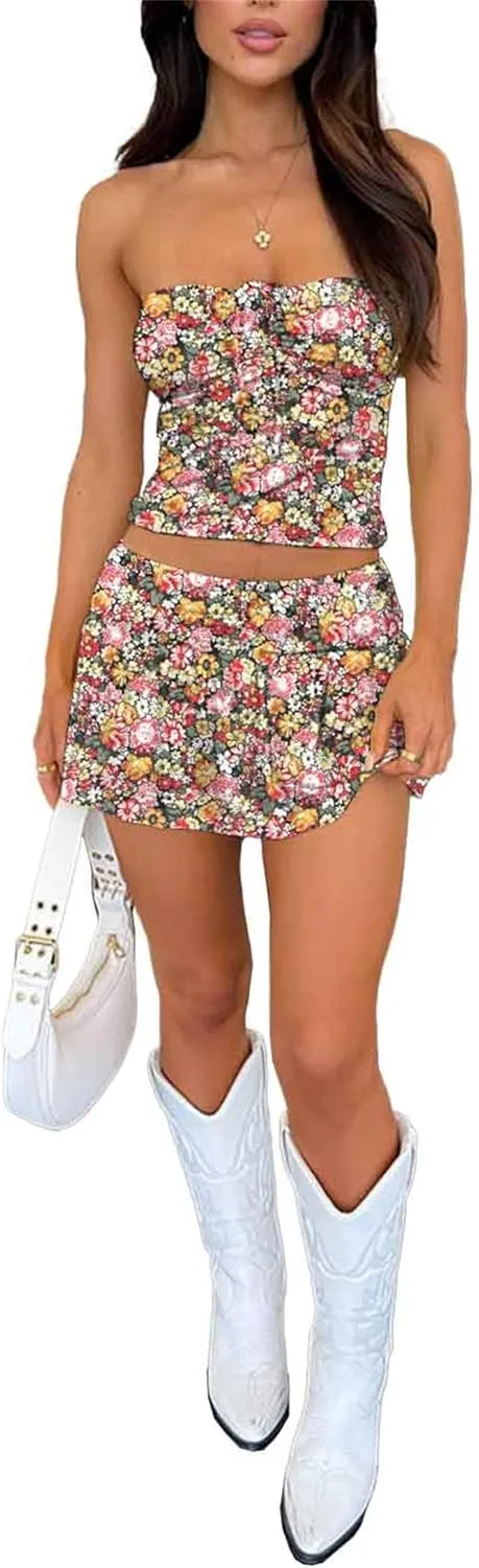 Summer Two Piece Outfits for Women Y2K Going Out Tie Ruched Tube Crop Tops Low Rise Pleated Mini Skort Skirt Sets