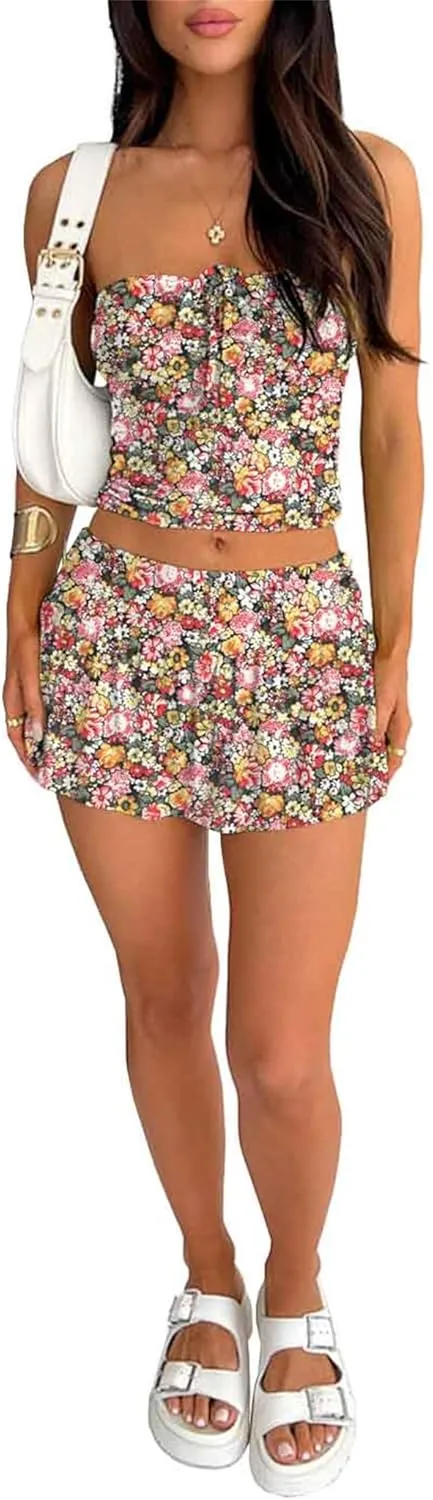 Summer Two Piece Outfits for Women Y2K Going Out Tie Ruched Tube Crop Tops Low Rise Pleated Mini Skort Skirt Sets