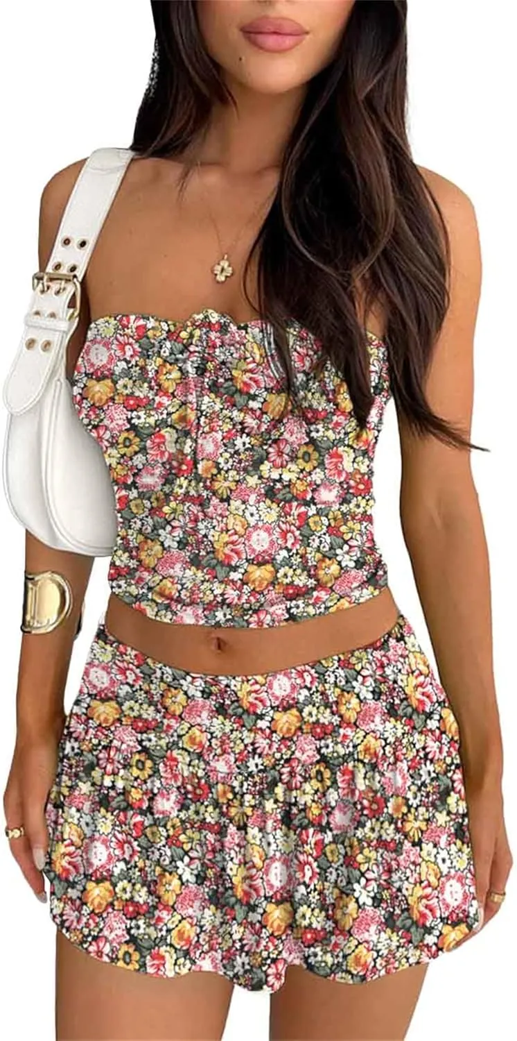 Summer Two Piece Outfits for Women Y2K Going Out Tie Ruched Tube Crop Tops Low Rise Pleated Mini Skort Skirt Sets