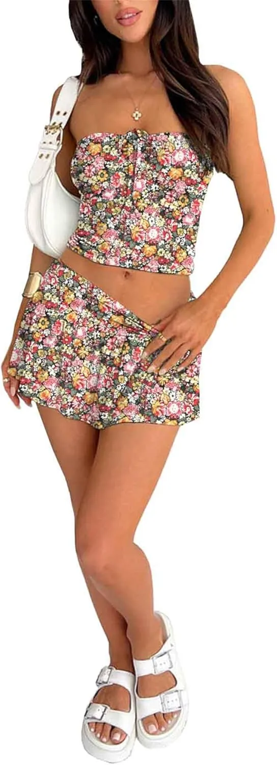 Summer Two Piece Outfits for Women Y2K Going Out Tie Ruched Tube Crop Tops Low Rise Pleated Mini Skort Skirt Sets