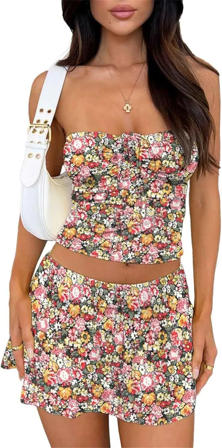 Summer Two Piece Outfits for Women Y2K Going Out Tie Ruched Tube Crop Tops Low Rise Pleated Mini Skort Skirt Sets