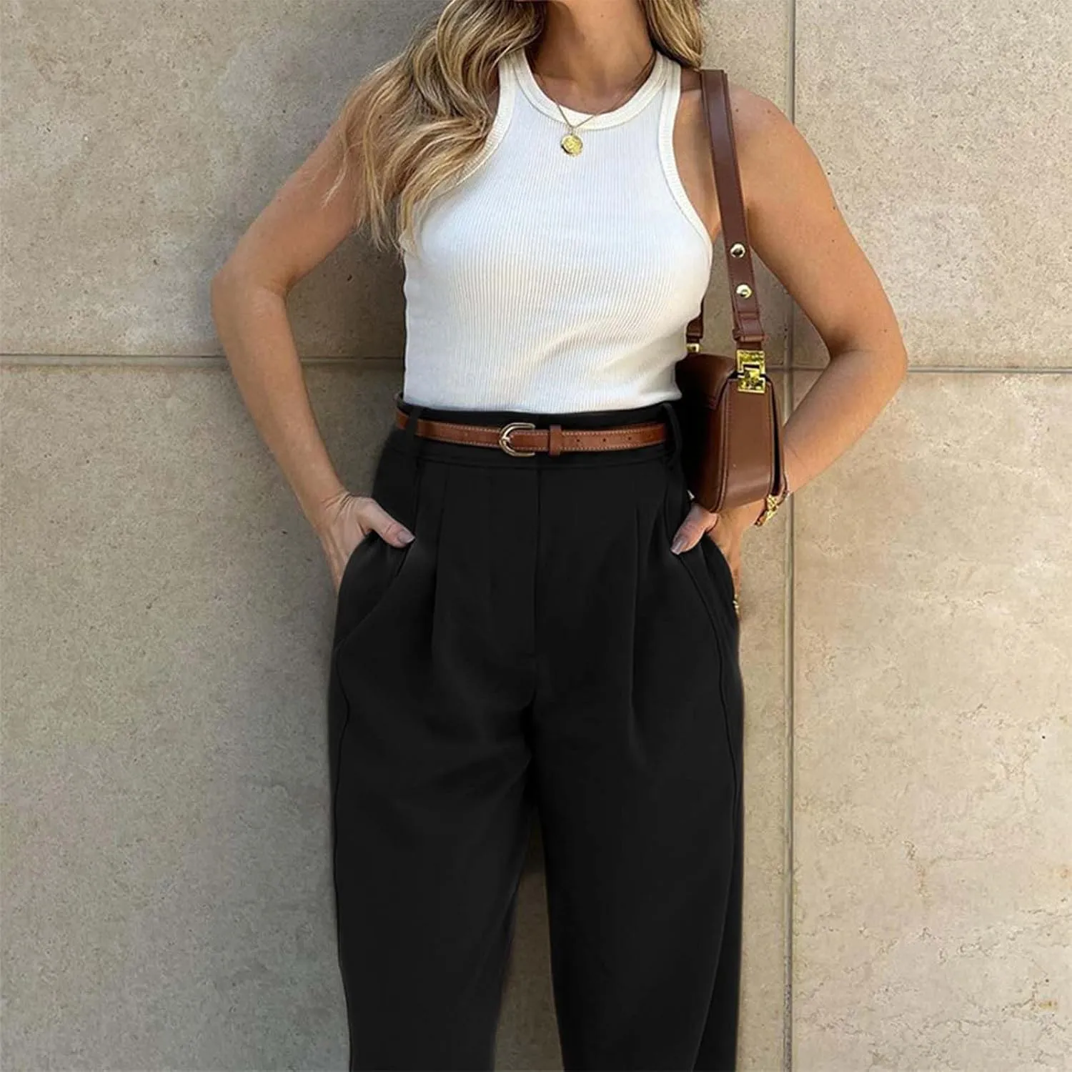 Summer Women High Waist Wide Leg Dress Pants Pleated Front Wide Waistband Elastic Work Casual Long Trousers