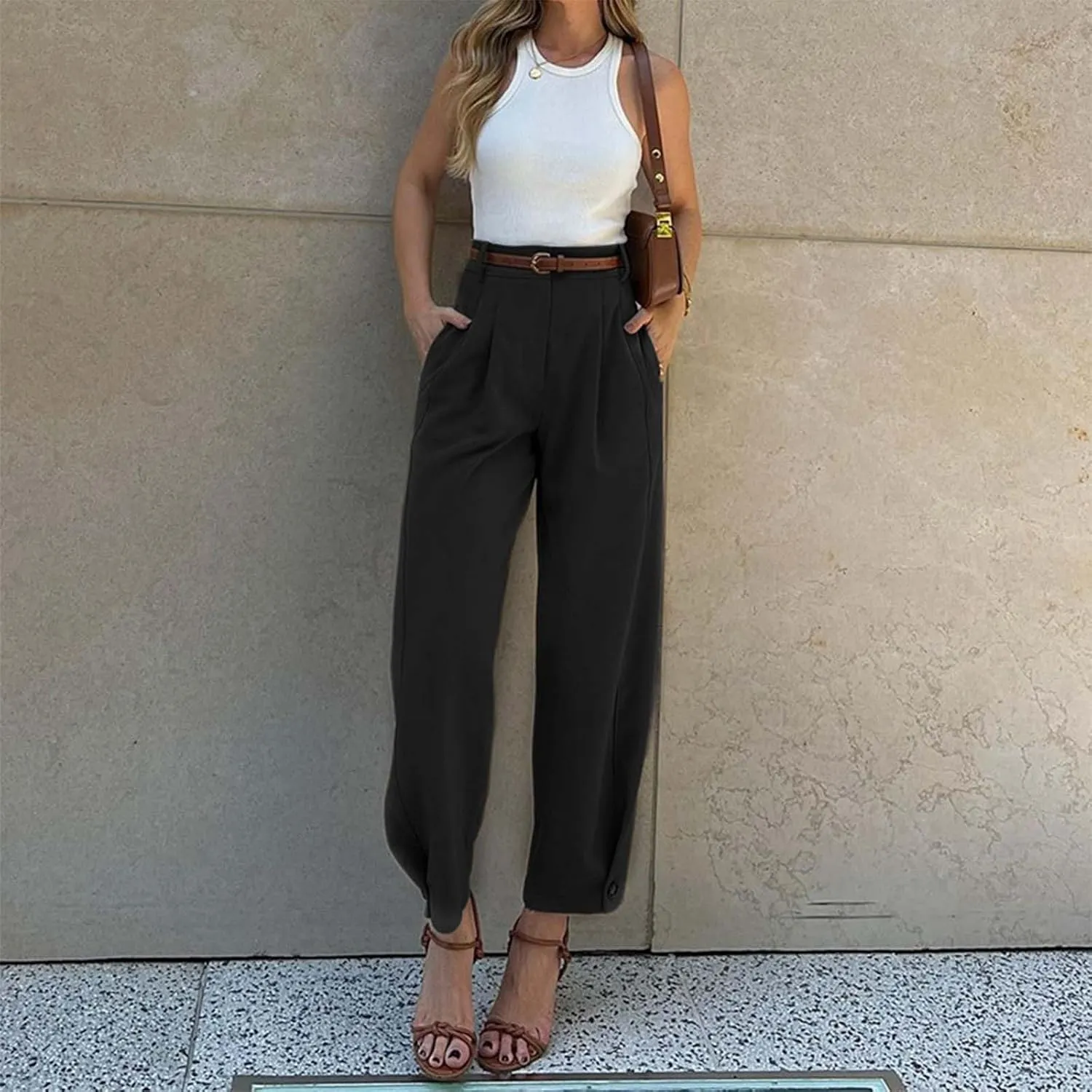 Summer Women High Waist Wide Leg Dress Pants Pleated Front Wide Waistband Elastic Work Casual Long Trousers