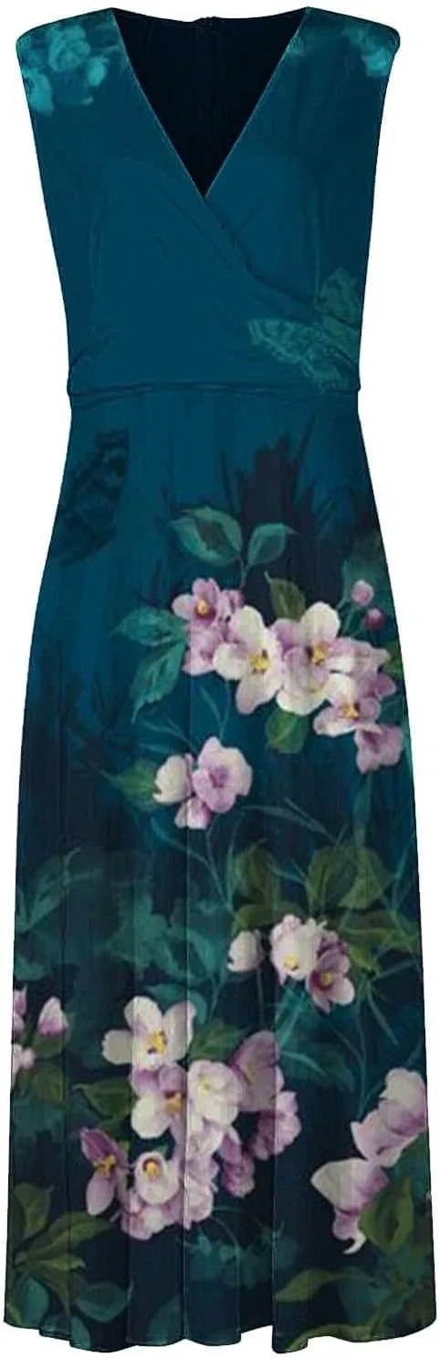 Sundresses for Women Summer Elegant Wrap V Neck Sleeveless Maxi Dress Fancy Floral Printed Flowy Hem Boho Dress