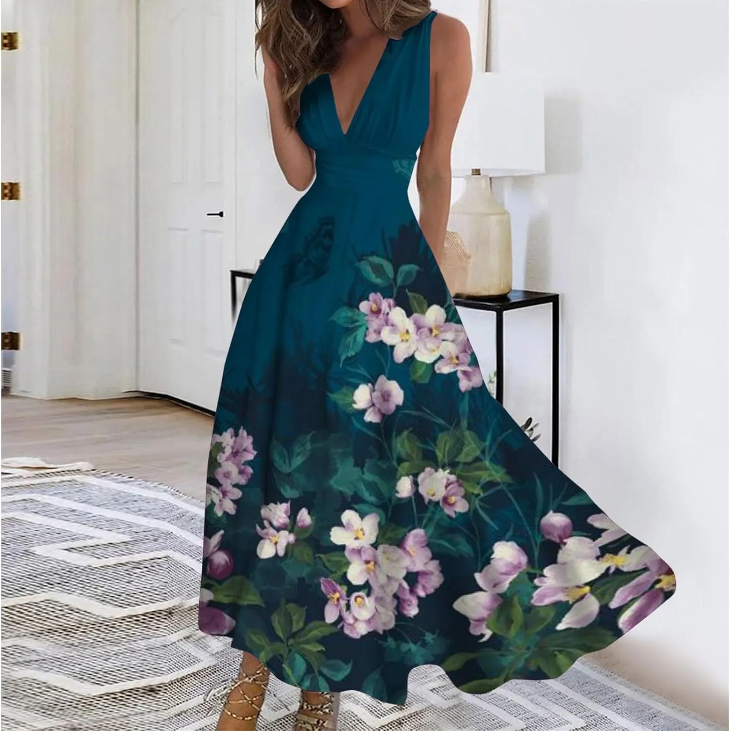 Sundresses for Women Summer Elegant Wrap V Neck Sleeveless Maxi Dress Fancy Floral Printed Flowy Hem Boho Dress