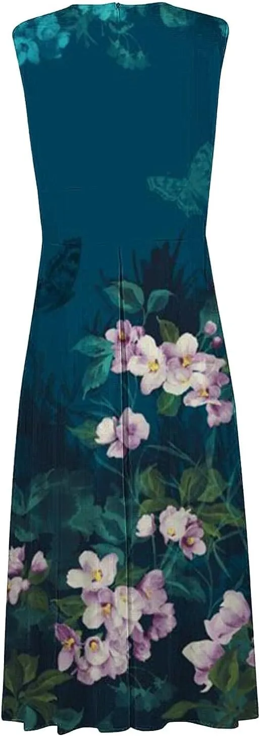 Sundresses for Women Summer Elegant Wrap V Neck Sleeveless Maxi Dress Fancy Floral Printed Flowy Hem Boho Dress