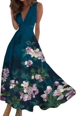 Sundresses for Women Summer Elegant Wrap V Neck Sleeveless Maxi Dress Fancy Floral Printed Flowy Hem Boho Dress