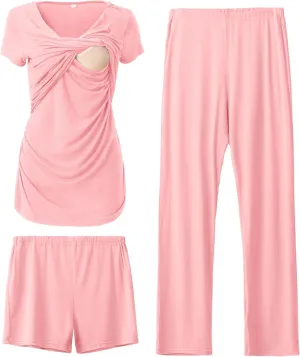 SUNNYBUY Women's Maternity Postpartum Pajamas Set, Breastfeeding Tops，Adjustable Pregnancy Shorts & Pants 3 Piece Nursing PJS
