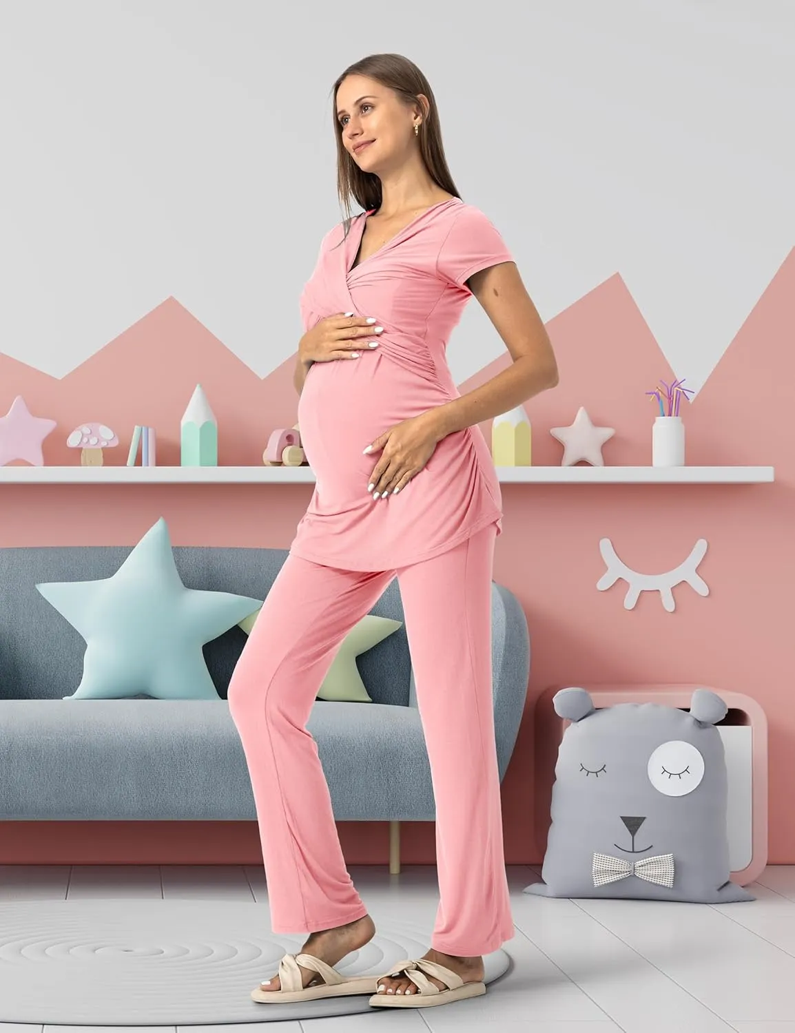 SUNNYBUY Women's Maternity Postpartum Pajamas Set, Breastfeeding Tops，Adjustable Pregnancy Shorts & Pants 3 Piece Nursing PJS