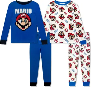 Super Mario 4 Piece Pajama Set - Toddler Girls PJ Set with Long Sleeve Shirt & Pants - Kids Sleepwear Set - Official License