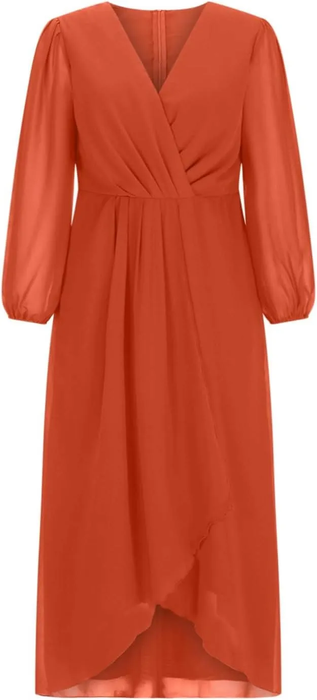 TANGNADE Women's Fall Dresses 2024 3/4 Sleeve V Neck Wrap A-Line Flowy Maxi Dress Flowy Pleated Wedding Guest Dress