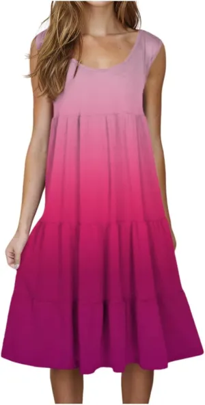 Tank Dress for Women 2025 Summer Boho Gradient Beach Vacation Sundress Sleeveless Pleated Ladies Tropical Dresses