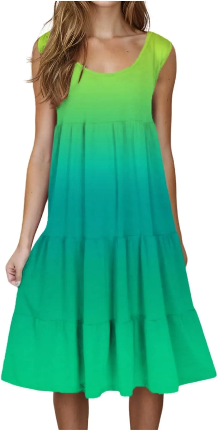 Tank Dress for Women 2025 Summer Boho Gradient Beach Vacation Sundress Sleeveless Pleated Ladies Tropical Dresses
