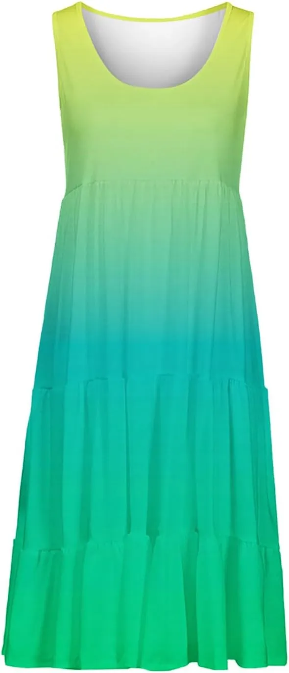 Tank Dress for Women 2025 Summer Boho Gradient Beach Vacation Sundress Sleeveless Pleated Ladies Tropical Dresses