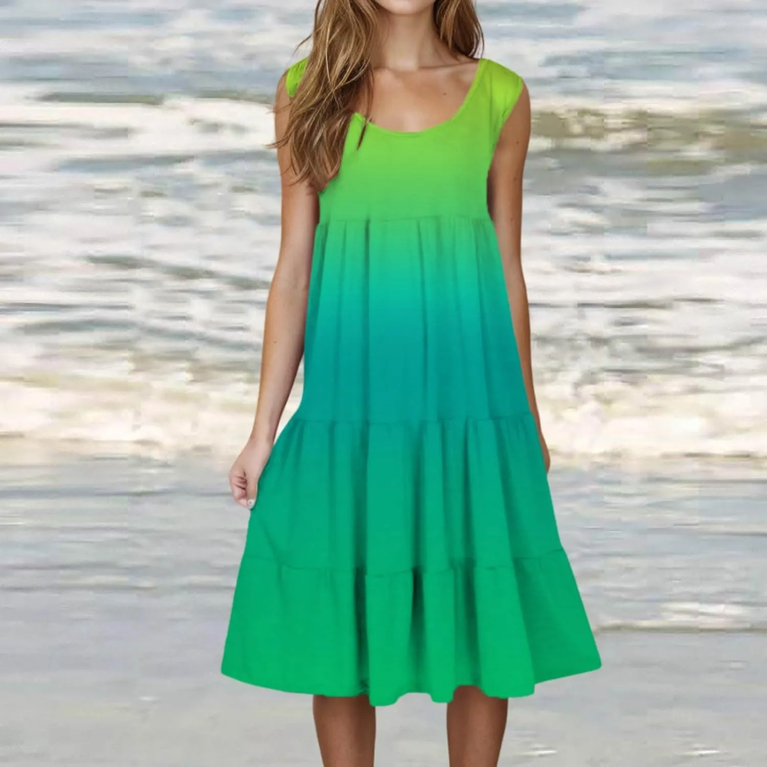 Tank Dress for Women 2025 Summer Boho Gradient Beach Vacation Sundress Sleeveless Pleated Ladies Tropical Dresses